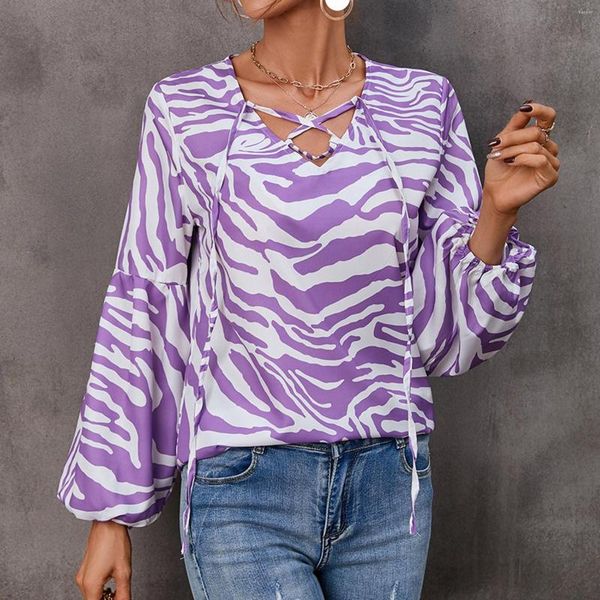 Camicette da donna Top con stampa ondulata alla moda Camicie sexy con scollo a V con lacci per le donne T-shirt con maniche lunghe a sbuffo con stampe autunnali Blusa viola