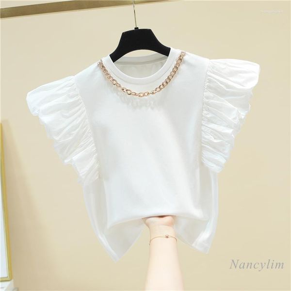 Camisetas femininas Chain Chain Roul Round Sleeves voadoras de algodão puro Camiseta da mulher 2022 Roupas de verão Design Lady Lady All-Match White Crop Top