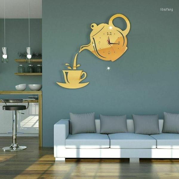Orologi da parete Orologio 3D Decorazione Fai da te Acrilico Tazza di caffè Teiera Ufficio Casa Cucina Sala da pranzo Decor