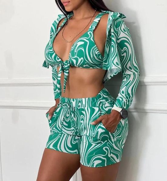 Tute da donna Summer Sexy Bikini Set da tre pezzi Donna Fashion Beach Style Stampato Reggiseno Camicia Pantaloncini