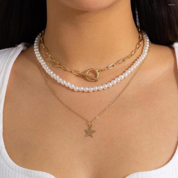 Anhänger Halsketten Ingemark Multilayer OT Schnalle Lariat Star Choker Halskette für Frauen Boho Imitation Perle Perlenkette Ästhetischer Schmuck