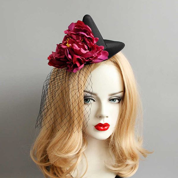 Accessori per capelli da festa di Halloween Cappelli da strega nera con ragazze di fiori rossi di Halloween affascinanti donne