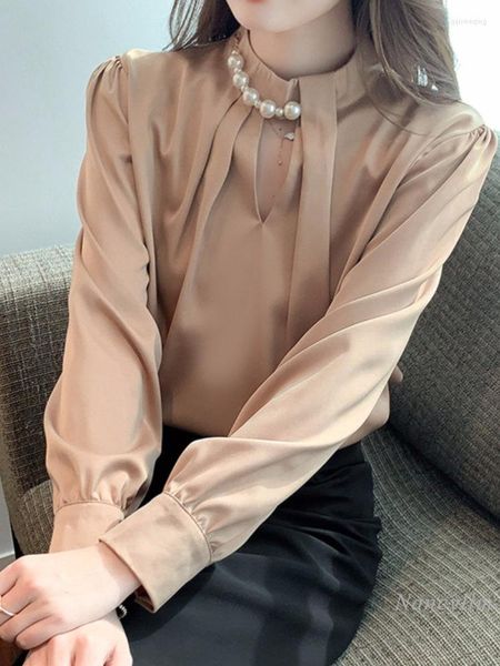 Blouses feminina Blusa de colarinho de miçangas femininas para mulheres Autumn Khaki Chiffon camisa de manga longa BLUSAS Office Lady Lady Top Top