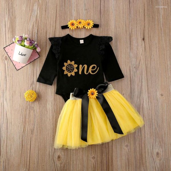 Set di abbigliamento UK 3PCS Vestiti per neonata Abiti per primo compleanno Fiori per feste Pagliaccetto Tutu Abito in tulle Set 0-18 mesi