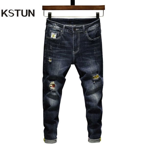 Männer Jeans Hip Hop Männer Elastizität Dunkelblau Zerrissene Für Jungen Slim Fit Mode Streetwear Hosen Zerstört Mann Patch Kleidung T221102