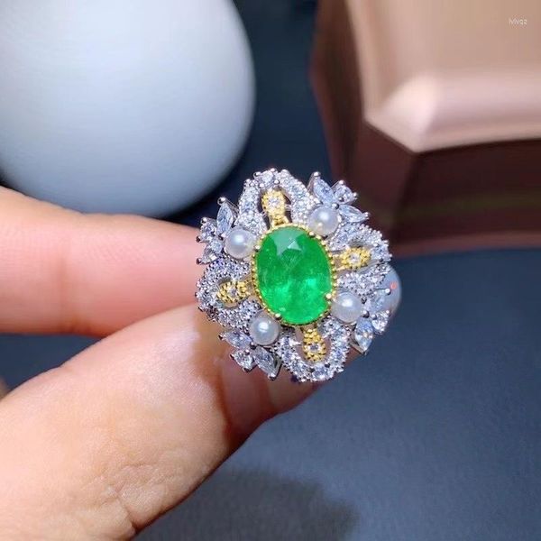 Anelli a grappolo Anello con smeraldo verde naturale autentico S925 Sterling Silver Fashion Vintage May Birthstone per le donne Gioielleria raffinata