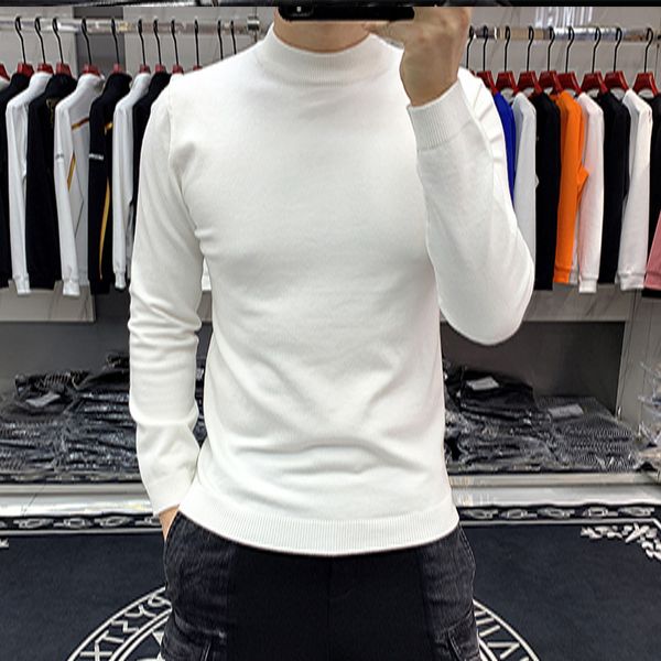 Мужской свитер со средней частью шеи, однотонная водолазка, повседневная нижняя рубашка, вязаный свитер с высоким воротником, модная молодежная тонкая мужская одежда 4XL