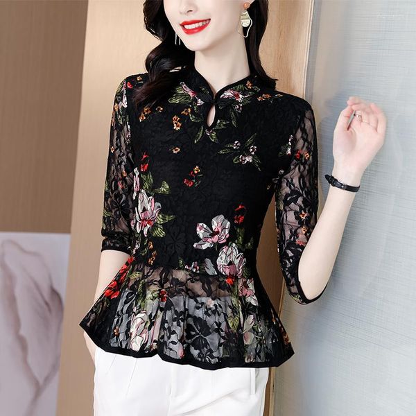 Blouses femininas Mulheres de primavera de renda impressa vintage Cheongsam Tops