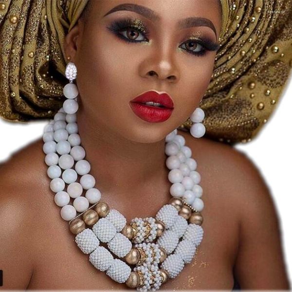 Halskette Ohrringe Set Reinweiß und Gold Brautschmuck Kugeln Hochzeitsschmuck Afrikanische nigerianische Perlen Armband 2022