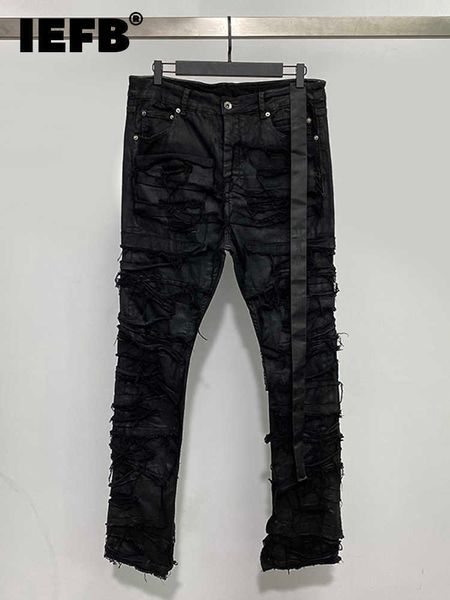 Jeans masculinos IEFB New Darkwear Men Jeans revestidos de jeans Multi Thread Decoração de cera Pano de pano elástico High Street 2022 calças masculinas 9A4318 T2221102