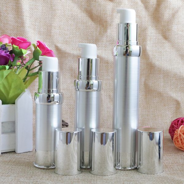 Silberne tragbare Mini-Vakuum-Airless-Reiseflaschen 15 ml, 20 ml, 30 ml, flüssiges Make-up, leere Verpackungsbehälter, 100 Stück im Großhandel