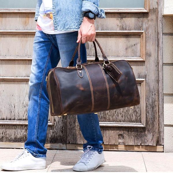 Duffel Bags Crazy Horse Horse Leather Men Travel Bag Vintage Brown Cow Capacity Business Business ombro grande