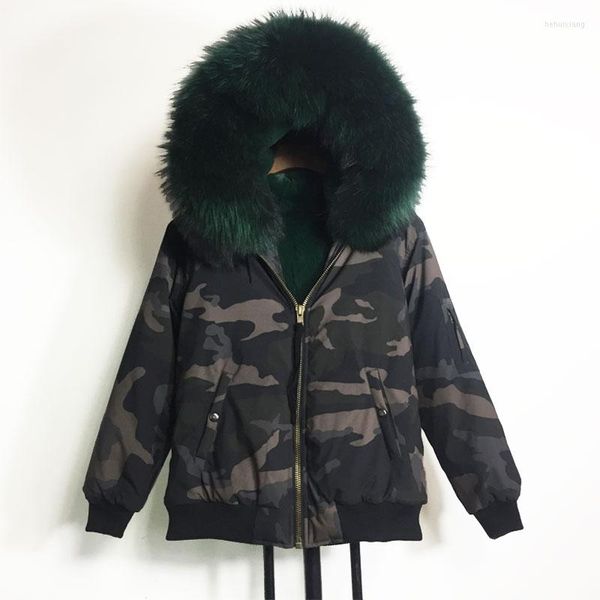 Kadınlar Kürk Kış Moda Kadın Stil Bombacı Ceket Kamuflaj Büyük Raccoon Hooded