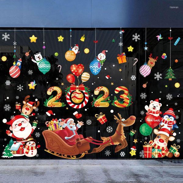 Pencere Çıkartmaları 2023 Noel Cam Çıkartma Dekorasyonu Elektrostatik Yıl Dükkanı Mağaza Dağlık Mall Şirket Okulu Noel Baba