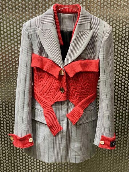 Frauenanzüge Gewinner Hohe Herbst Qualität Frauen Patchwork Gestrickte Plaid Blazer Mantel Für Damen Jacke Kleidung Ddxgz1