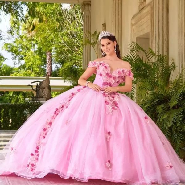 Розовый 3d цветок Quinceanera Планты Tiere Tulle Ball Play Promate Party Plays Блестящие принцесс -младшие девушки.