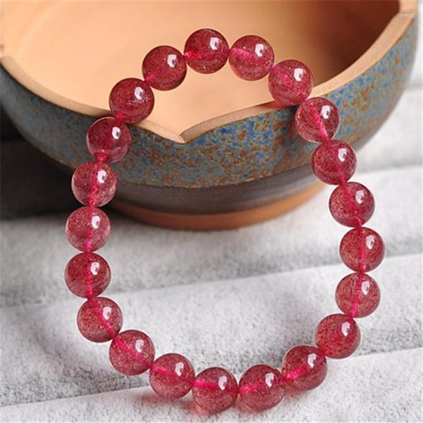 Strand 9mm de pulseiras de quartzo de morango vermelho natural de 9mm para mulheres femininas charme transparente redondo de bracelete de cristal transparente