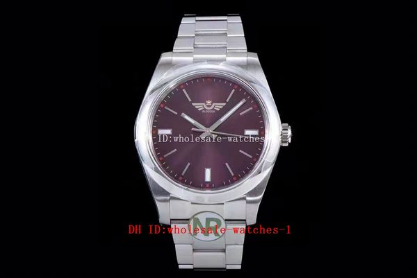 NR Maker Top Relógios 39mm 114300 Oyster President Red Grape Dial TH-11.7mm Sapphire Asia 2836 Movimento Mecânico Automático 904L Mens Watch Relógios de pulso masculinos