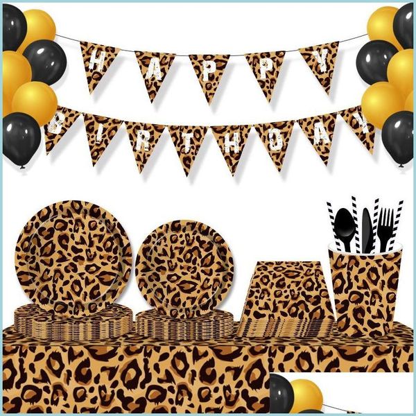 Einweggeschirr, Einweggeschirr, Leoparden-Dschungel-Thema, Partygeschirr, Dekorationen, Sets, Teller, Servietten, Tassen, Kinder, Happy Bir Dhlpi