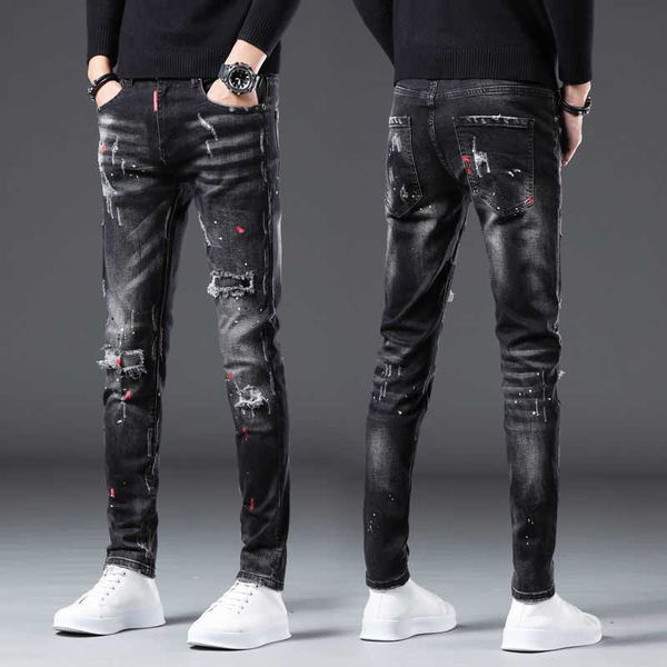 Herren Jeans Korea Version Herren Noble Black Ripped Stylish Slim Stretch Light Luxury Splash Tinte Print Sexy Street; T221102