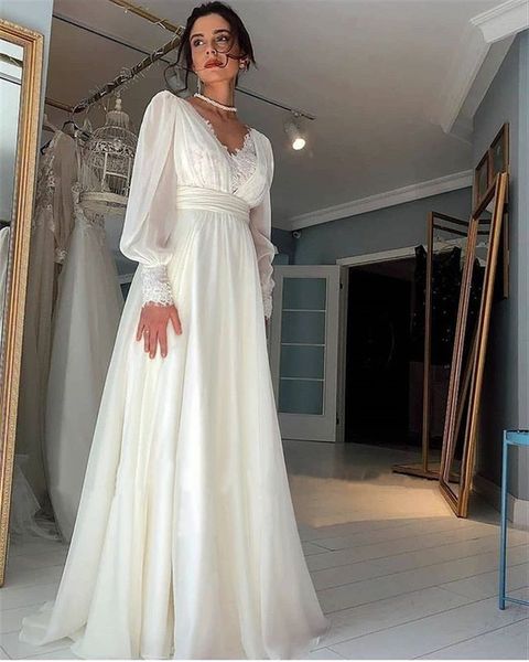 Abiti da sposa a maniche lunghe in pizzo vintage a sbuffo in chiffon Una linea con scollo a V Abiti da sposa Lunghezza del pavimento Elegante abito da sposa