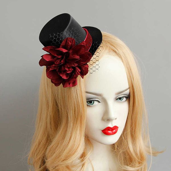 Saç Aksesuarları Cadılar Bayramı Seksi Siyah Fascinator Red Flower Netted Red Floral Party Head Bands