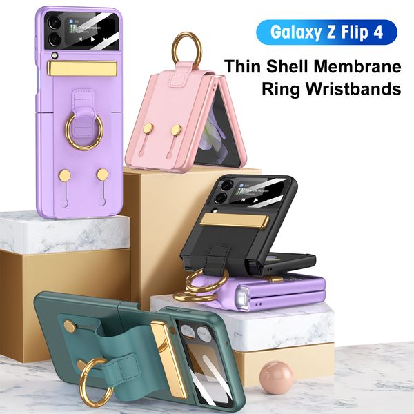 Custodie in pelle con braccialetti ad anello per Samsung Galaxy Z Flip 4 Custodia con cerniera per cinturino da polso