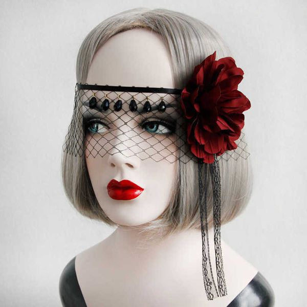 Gioielli per capelli di Halloween con velo nero velo velo rosso fiore maschera da ballo cosplay a metà faccia