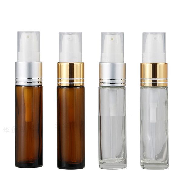 10ml Vuoto Campione di vetro trasparente Bottiglia riutilizzabile Collare in plastica oro argento Pompa per lozione bianca Imballaggio cosmetico marrone portatile Fiale per emulsione BB Cream Essence