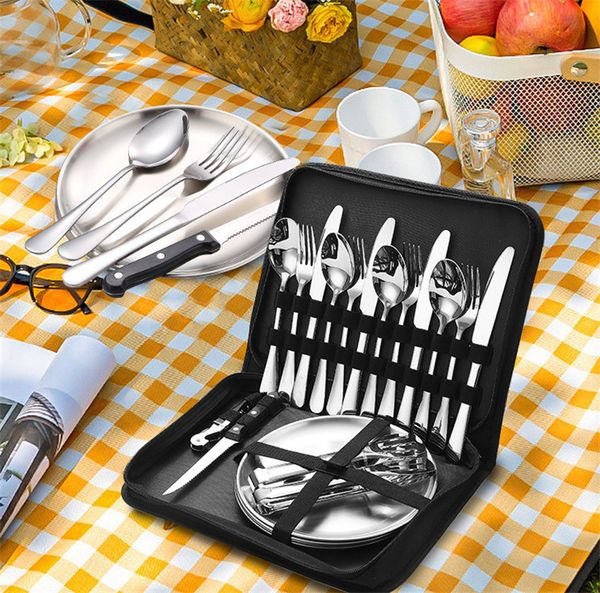 Tragbare Camping Geschirr Set Geschirr Sets Edelstahl Picknick Besteck Steak Messer Set Tuch Platte Kit