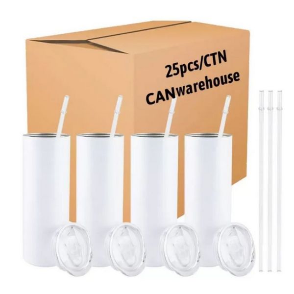 Estoque dos EUA 25pcs/Carton sublimação em branco Tumbler reto 20 oz copo de copo de água com tampa e palha SS1104