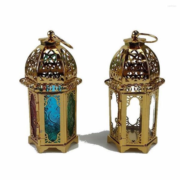 Portacandele Castello europeo in oro Candeliere Portacandele vintage Portacandele in vetro marocchino Ornamenti per decorazioni per la casa di nozze