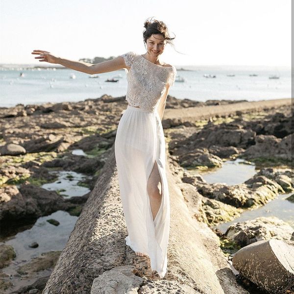 Abito da sposa Boho Due pezzi 2 A-Line Chiffon Spacco laterale Lunghezza pavimento Manica lunga Abiti da sposa bohémien Robe De Mariee