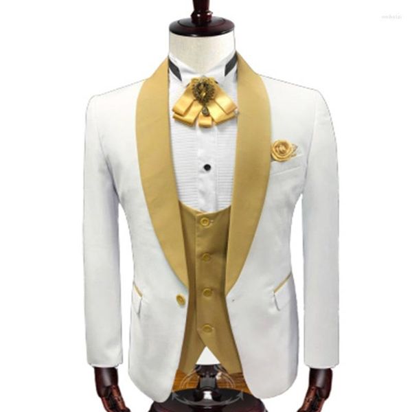 Ternos masculinos Casamento Homens de estilo italiano algodão branco um botão noivo Casamento três peças Blazers calças colete de colete ocasião