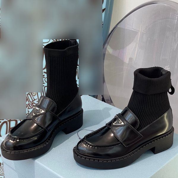 Mulheres designer meias botas de couro preto sapatos de sola grossa tornozelo estilo britânico outono e inverno