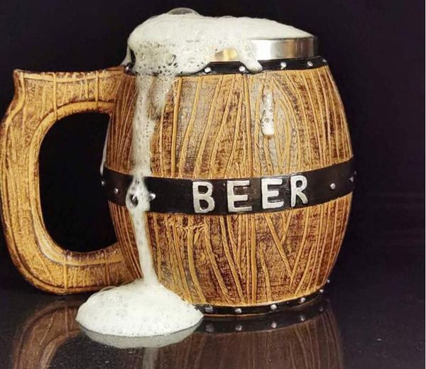 Edelstahl-Holzfass-Bierkrug, kreativer Bierfass-Krug mit großem Fassungsvermögen, personalisiertes Barzubehör