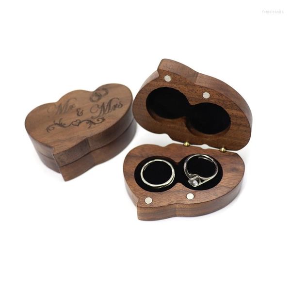 Sacchetti per gioielli Scatola per doppio anello in legno Inciso Mr Mrs Supporto per cerimonia in legno Portatore per vetrina per matrimoni