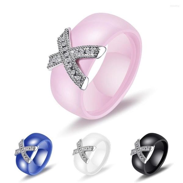 Anéis de casamento Mulheres cerâmica de cerâmica larga x forma cruzada tamanho 10 cerâmica para rosa anel de pedra de cristal em branco casal senhoras