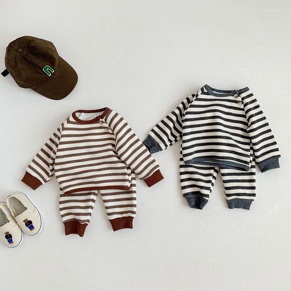 Set di abbigliamento Baby Boy Girl Striped Autunno Inverno Abbigliamento manica lunga Waffle Pattern Fleece Pullover Tops Pant 2PCS Abiti Tuta calda