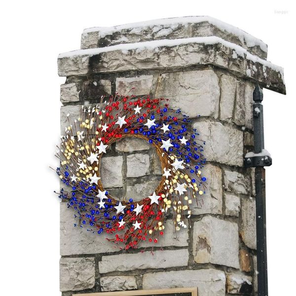 Flores decorativas 4 de julho de grinaldas para a porta da frente do Dia da Independência Red Berry Ring Wreath White Stripe Stars Tree Topper