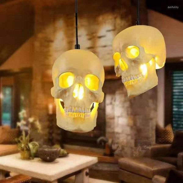 Lâmpadas pendentes Skull Light Light Creative Resin E27 LED Halloween Natal Luzes decorativas de barra
