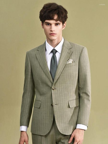 Erkekler Suits haki şeritli erkekler set blazer pantlı ince fit moda damat Noel parti kıyafetleri 2 düğme artı boyut 58 6xl