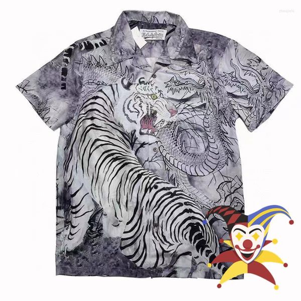 Camisas casuais masculinas 2022SS Tiger Pattern Wacko Maria Camisa Homens Mulheres Camiseta Vintage Hawaii Top Tees