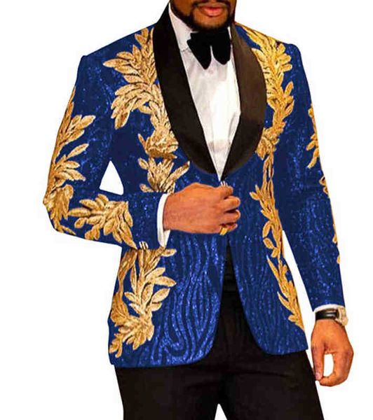 Ternos Blazers Solovedress Terno Masculino 2 Peças Azul Royal Slim Brilhante Glitter Dourado Aplique Vestido de Baile Jaqueta Festa Vem Conjunto J220906