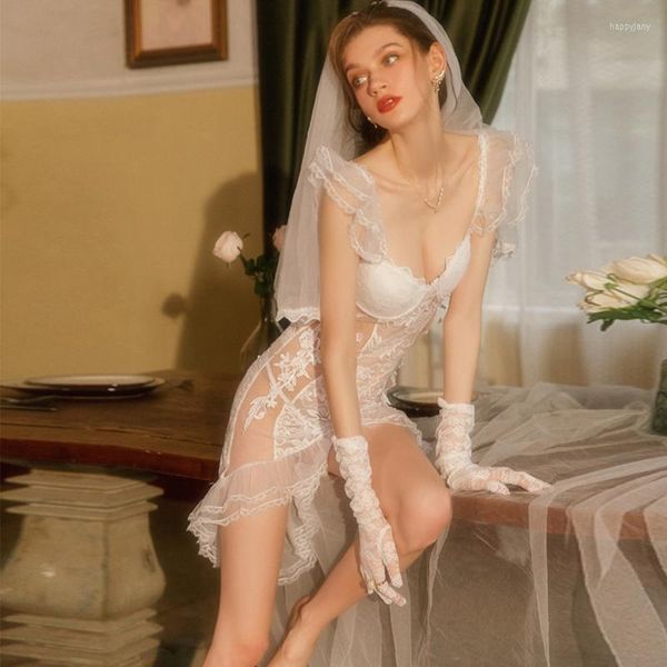 Damen-Nachtwäsche, sexy Braut, Hochzeitskleid, Uniform, Cosplay, Dessous-Set, erotische transparente Spitzenbekleidung für Sex-Unterwäsche-Outfit