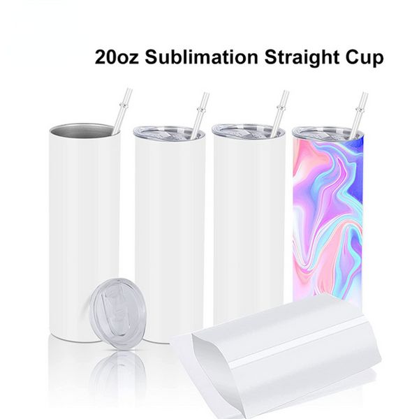 20oz sublimação tumblers de aço inoxidável garrafa de água reta branco em branco copos diy com tampas deslizantes e canudos plásticos ss1105