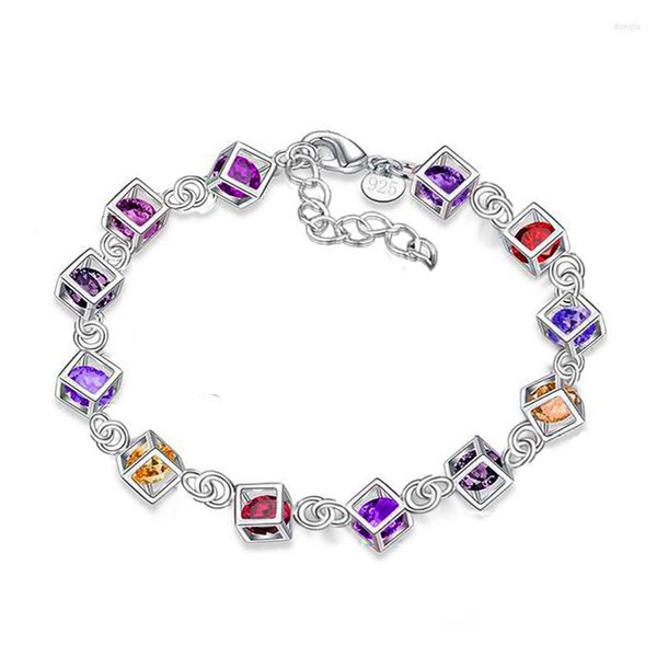 Braccialetti con ciondoli Fashion Summer Square Crystals Link Chain Stretch per le donne Gioielli color argento per feste regolabili Pulseras Mujer