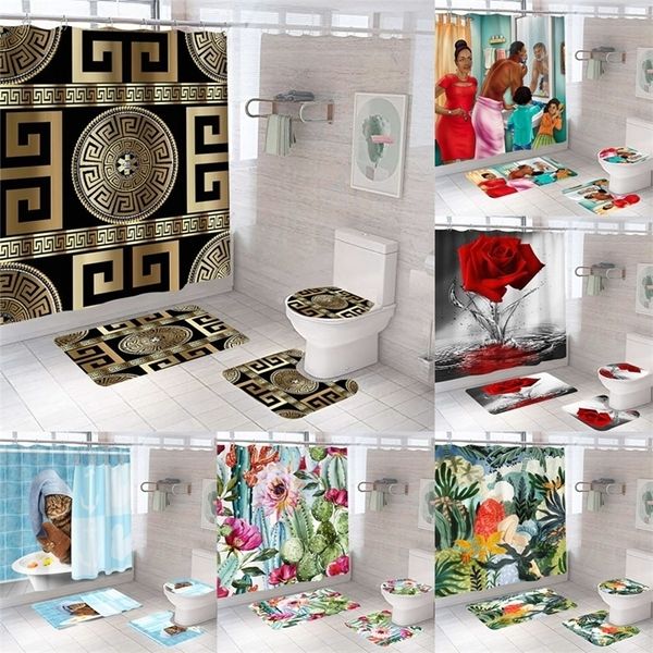 Tende da doccia 3D Luxury Black Gold Set di tende da bagno greche Modern Geometric Ornate Red Rose Tappeto da bagno Tappeto da toilette Decor 221104