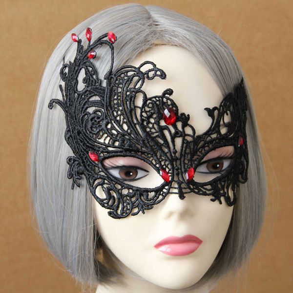 Máscara de renda zumbi da morte negra com bordô de shinestone estilo gótico Black Halloween máscara de máscaras de meia cara de Halloween