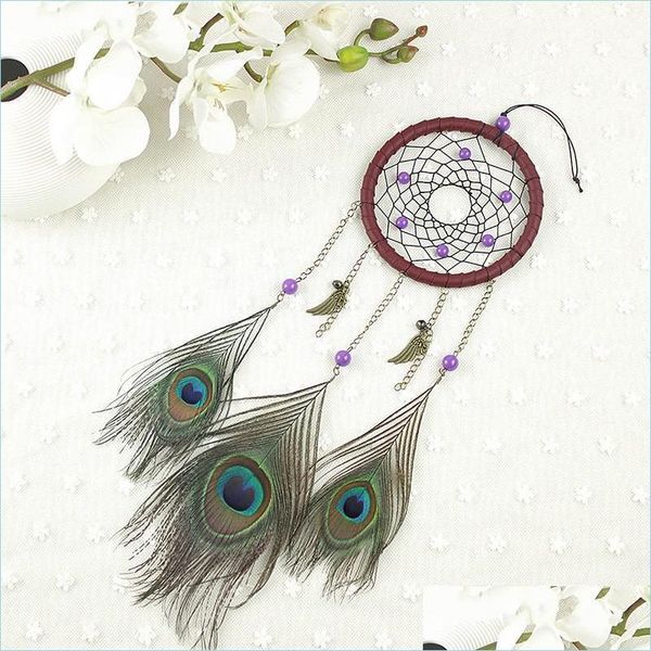 Sanat ve El Sanatları Moda Tavuskuşu Tüy Dreamcatcher El Yapımı Örgülü Duvar Asma Rüya Catcher Bell Rüzgar Zil Hediyesi 12 3XR B DHXSZ